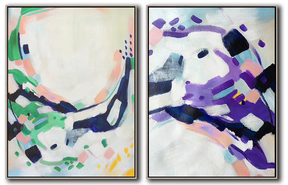 Large Modern Abstract Painting,Set Of 2 Abstract Painting On Canvas,Giant Canvas Wall Art,White.Dark Blue,Green,Purple.etc
